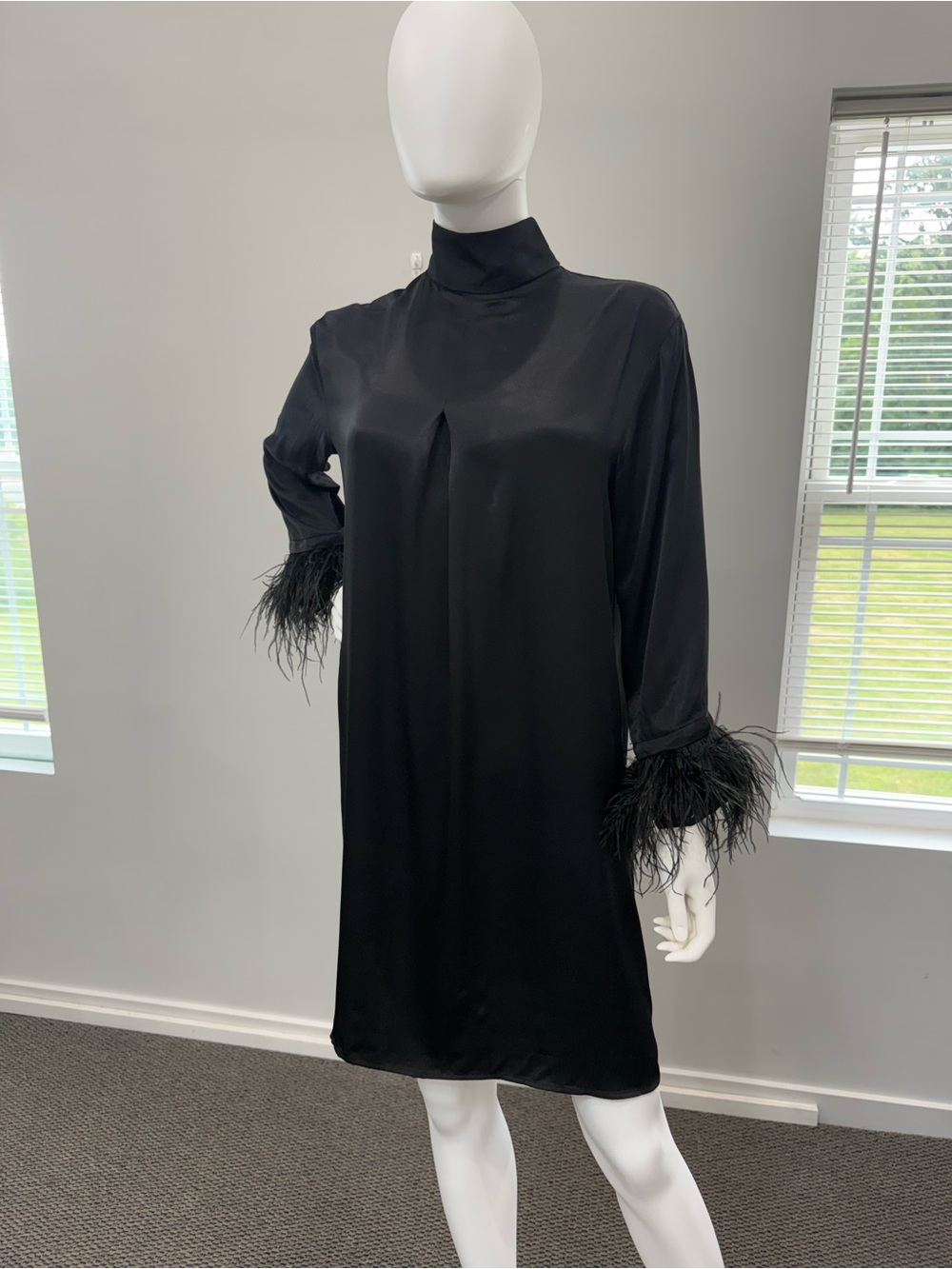 Sleeper Black Mini Dress with Feathery Cuffs - Picture 6 of 11